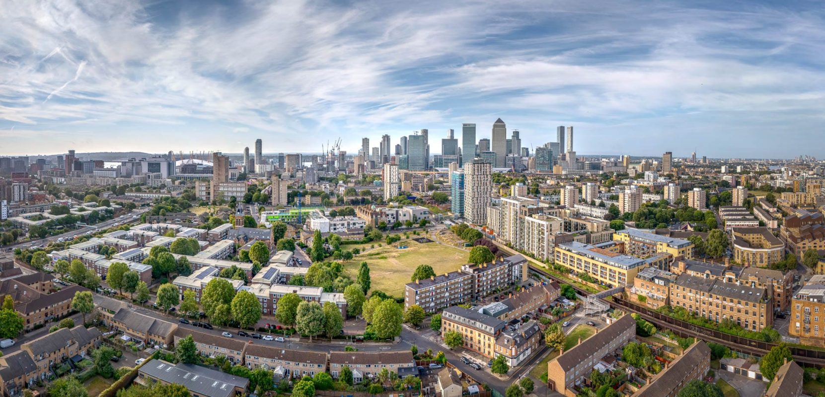 Canary Wharf Skyline by Drone © Leo Hillier